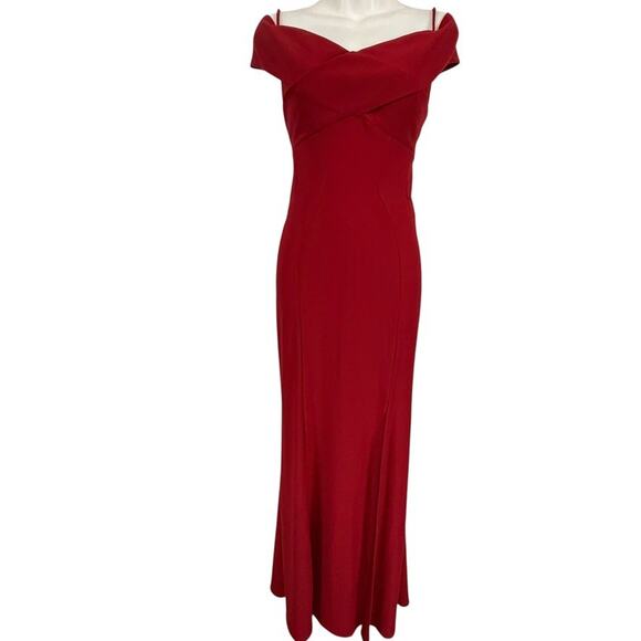 NW Nightway Jersey Knit Off The Shoulder Red Full Length Formal Dress Stretch 8 - Picture 1 of 16